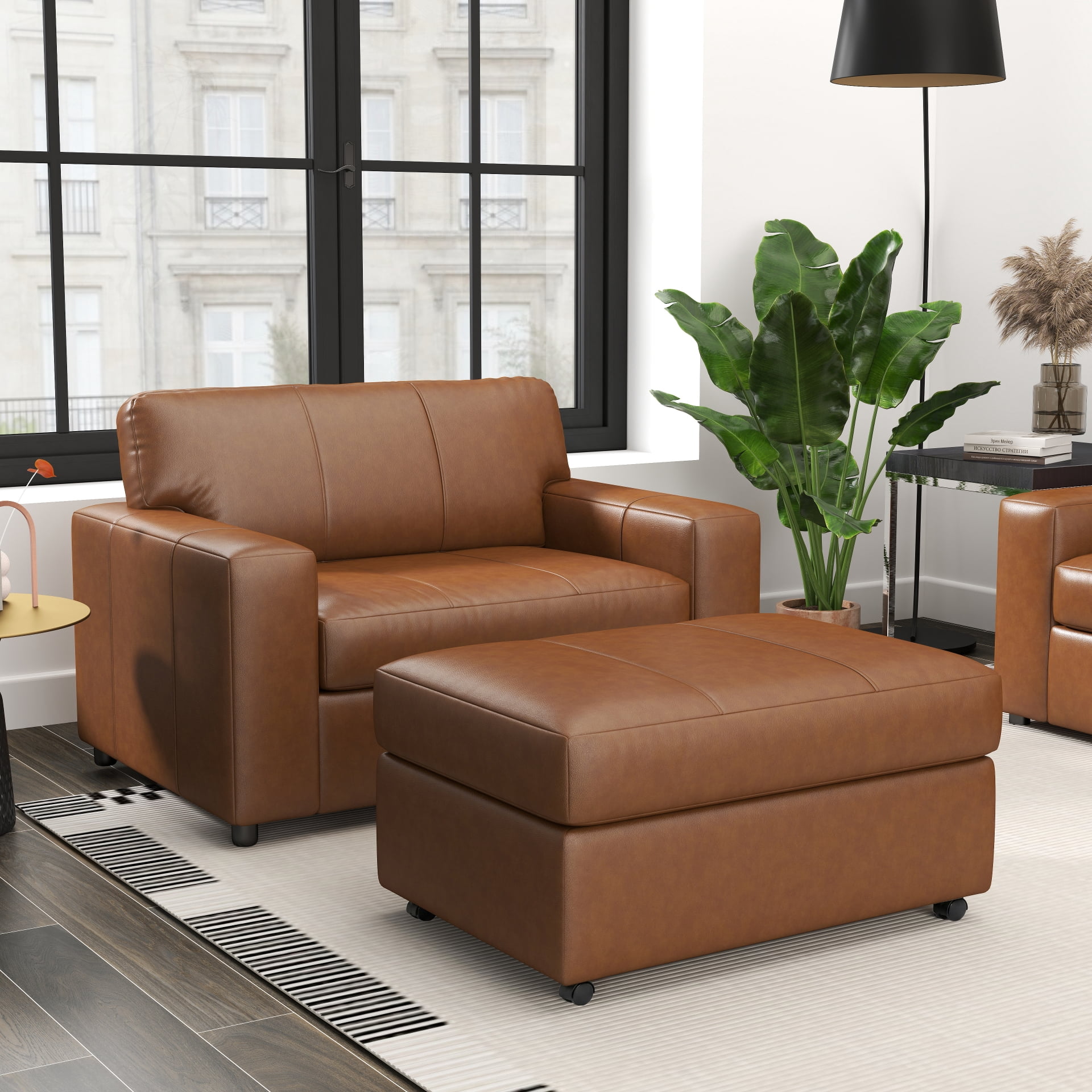 Roundhill Furniture Sakan Leather Upholstered 2-Piece Living Room Set, Cutler Chair and Ottoman