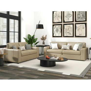 Roundhill Furniture Sakan Leather Upholstered 2-Piece Living Room Set, Sofa and Loveseat, Beige
