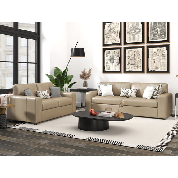 Roundhill Furniture Sakan Leather Upholstered 2-Piece Living Room Set, Sofa and Loveseat, Beige