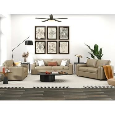 Roundhill Furniture Sakan Leather Upholstered 3-Piece Living Room Set, Sofa Loveseat and Cutler Chair, Beige