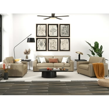 Roundhill Furniture Sakan Leather Upholstered 3-Piece Living Room Set, Sofa and 2 Cutler Chairs, Beige
