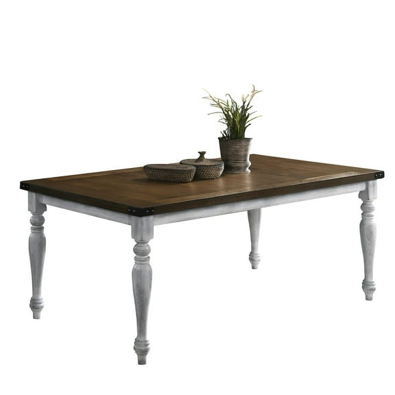 Roundhill Furniture Salines Two-tone Wood Turned Leg Dining Table, Rustic White and Oak