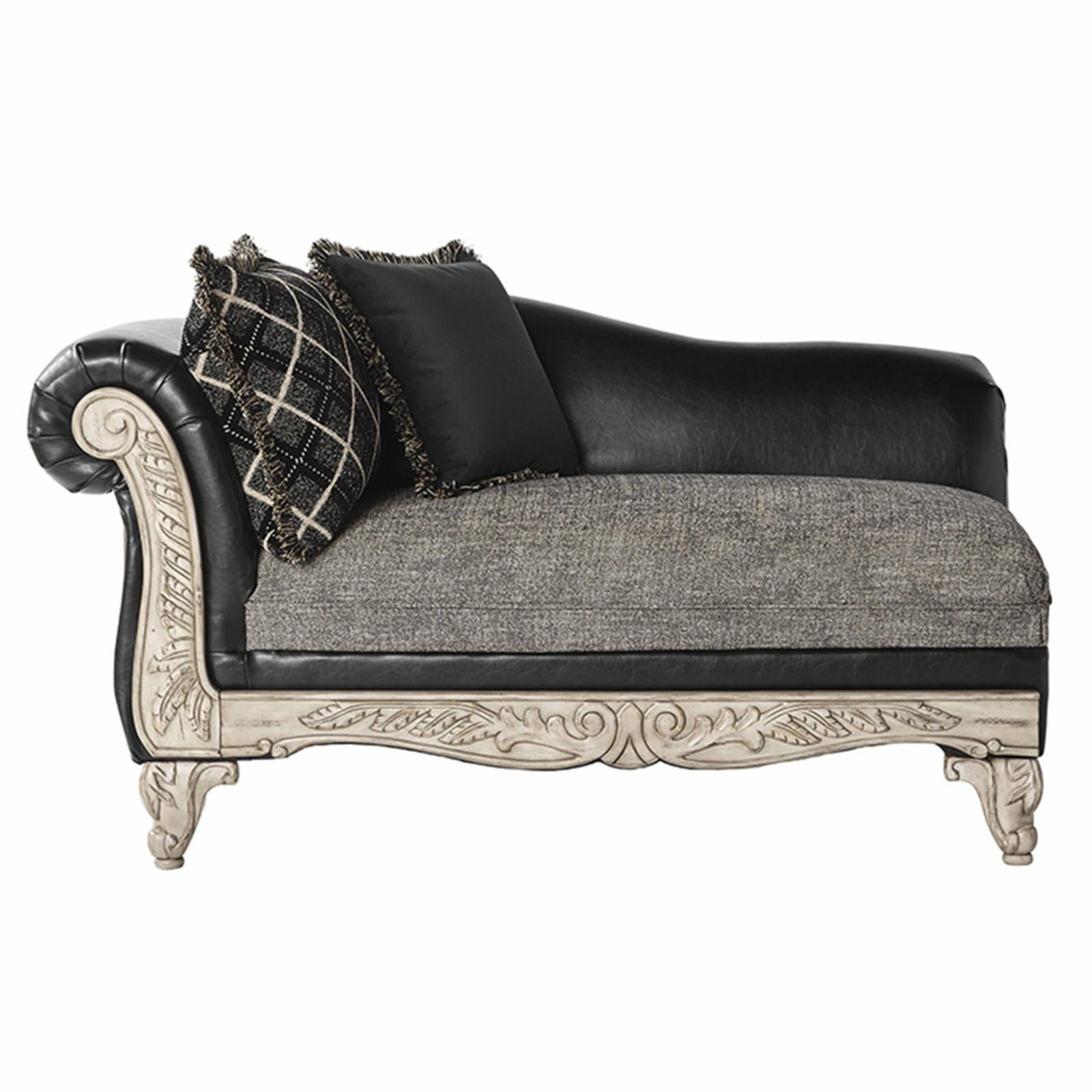 Handcrafted Gray Faux Leather Chaise with Carved Wood Trim