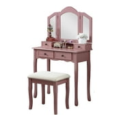 Roundhill Furniture Sanlo Contemporary Rose Gold Finish Wooden Vanity, Makeup Table and Stool Set