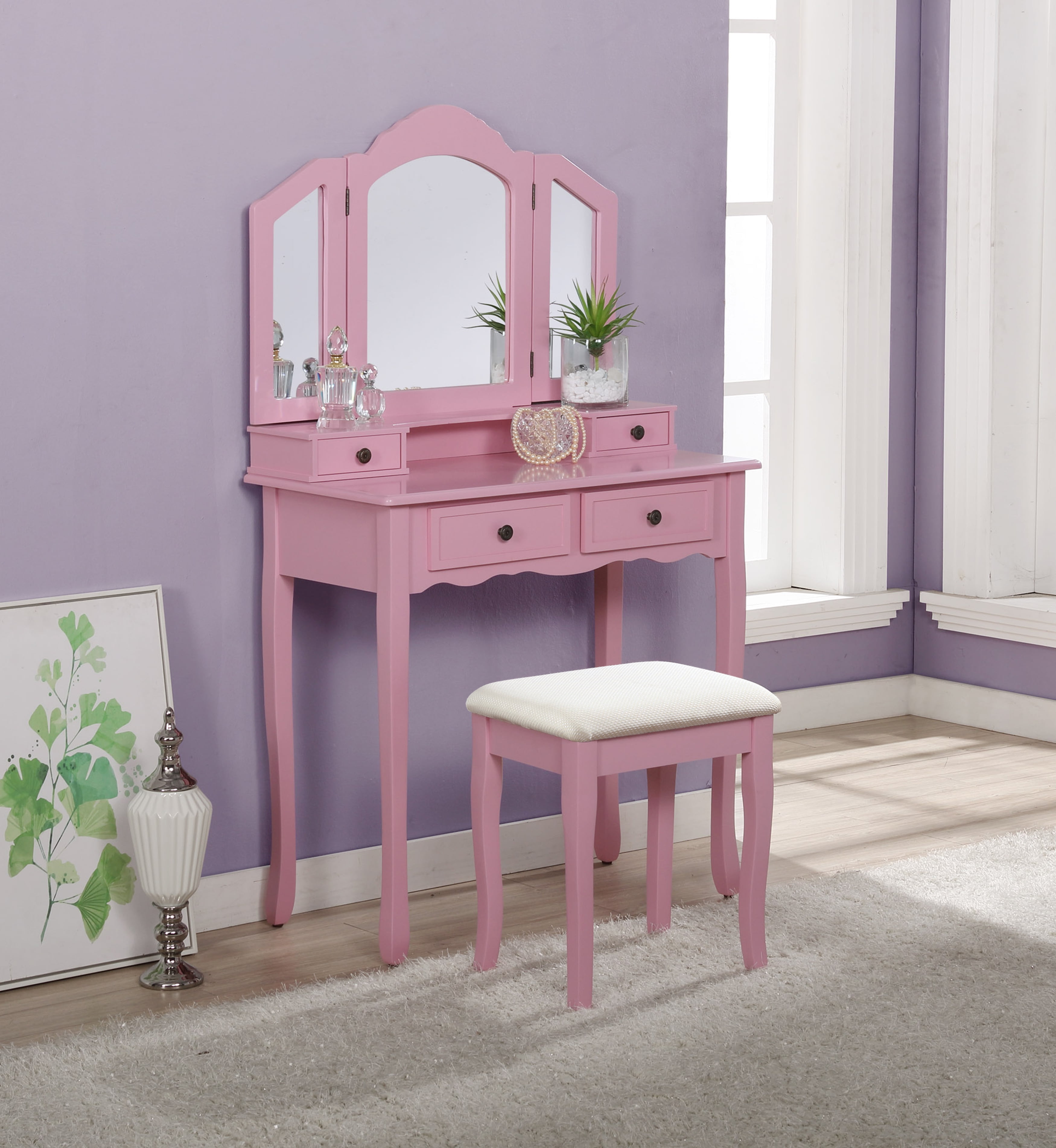 Roundhill Furniture Sanlo Wooden Vanity Make Up Table and Stool Set