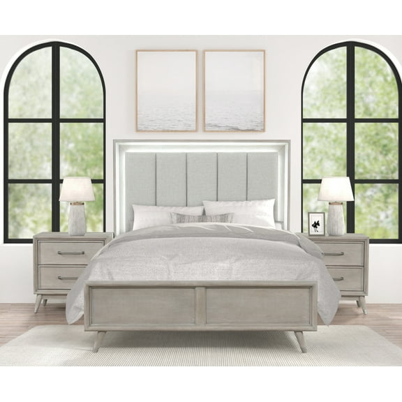 Roundhill Furniture Seluna 3-Piece Bedroom Set with Touch LED Lighting, Gray Oak Finish, Queen