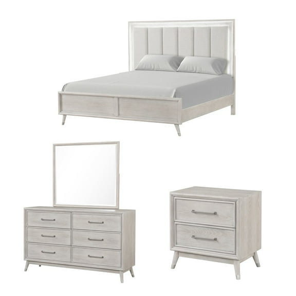 Roundhill Furniture Seluna 4-Piece Bedroom Set with Touch LED Lighting, Gray Oak Finish, King