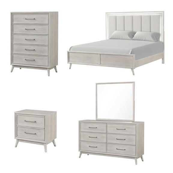 Roundhill Furniture Seluna 5-Piece Bedroom Set with Touch LED Lighting, Gray Oak Finish, King