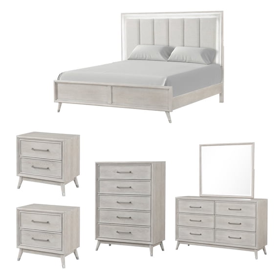 Roundhill Furniture Seluna 6-Piece Bedroom Set with Touch LED Lighting, Gray Oak Finish, King