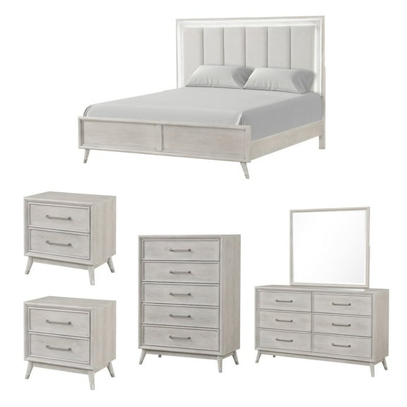 Roundhill Furniture Seluna 6-Piece Bedroom Set with Touch LED Lighting, Gray Oak Finish, King