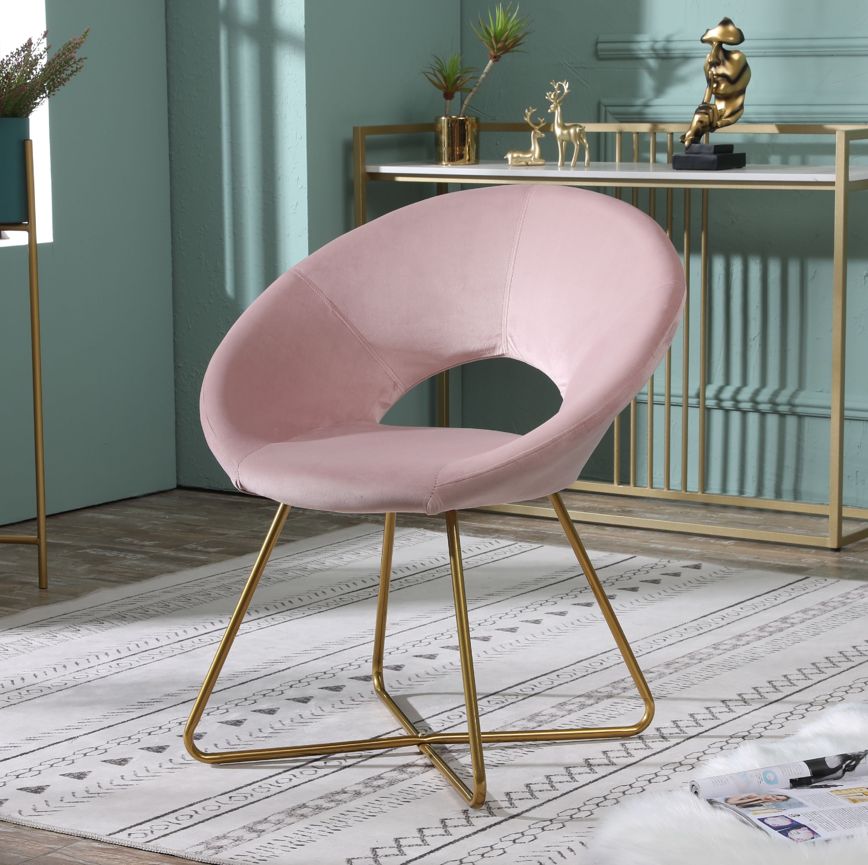 Roundhill Furniture Slatina Velvet Upholstered Accent Chair in Gold  Tone/Blue