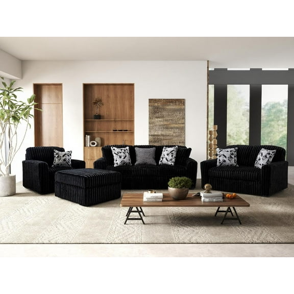 Roundhill Furniture Solenne 4-Piece Living Room Set, Oversized Sofa, Loveseat, Chair and a Half, and Ottoman with Jumbo Corduroy Upholstery, Reversible Cushions, Black
