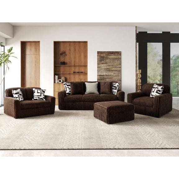 Roundhill Furniture Solenne 4-Piece Living Room Set, Oversized Sofa, Loveseat, Chair and a Half, and Ottoman with Jumbo Corduroy Upholstery, Reversible Cushions, Chocolate