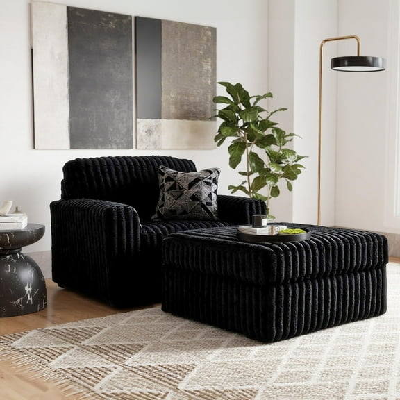 Roundhill Furniture Solenne Chair and Ottoman Set, Oversized Chair and Ottoman with Jumbo Corduroy Upholstery, Reversible Cushions, Black