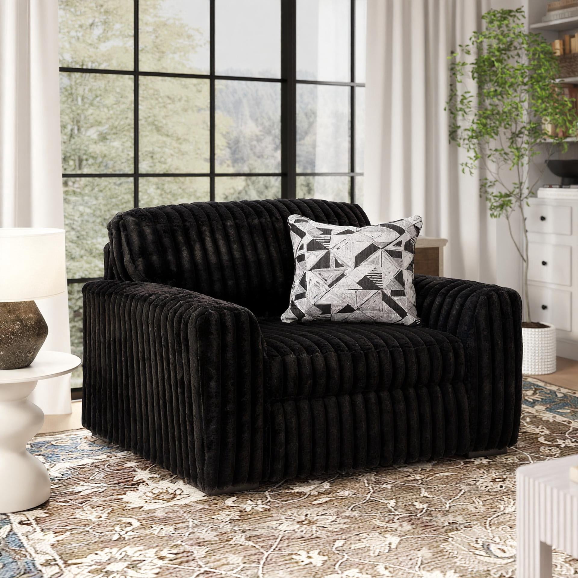 Roundhill Furniture Solenne Oversized Chair and a Half with Jumbo Corduroy Upholstery, Reversible Cushion, and Accent Pillow, Black