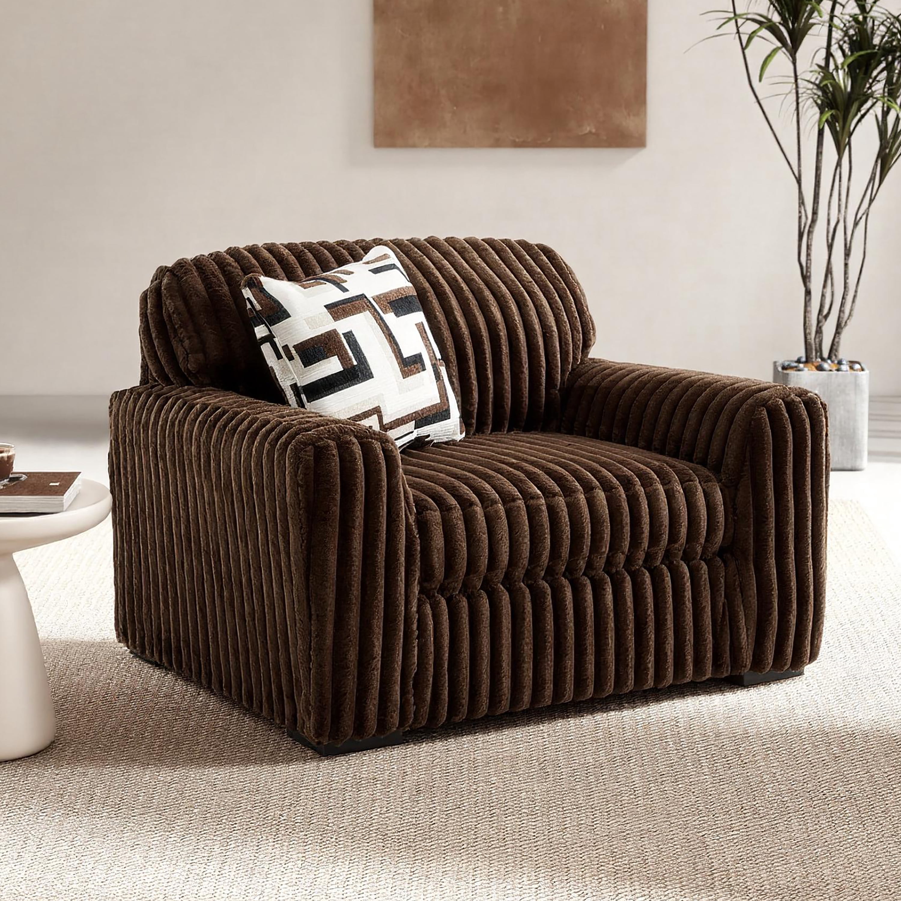 Roundhill Furniture Solenne Oversized Chair and a Half with Jumbo Corduroy Upholstery, Reversible Cushion, and Accent Pillow, Chocolate
