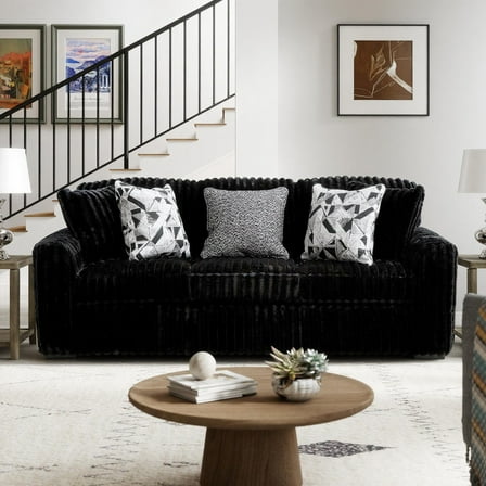 Roundhill Furniture Solenne Oversized Modern Sofa with Jumbo Corduroy Upholstery, Reversible Cushions, and Five Accent Pillows, Black