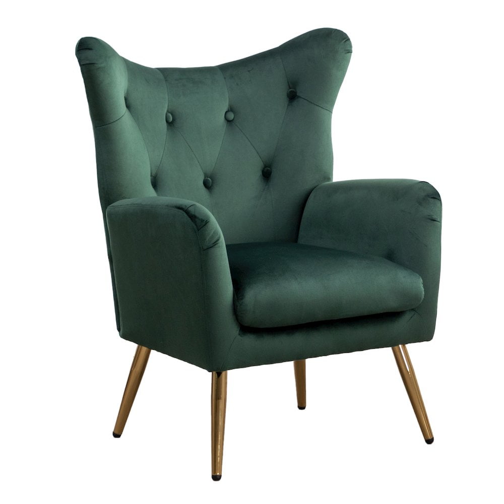 Green Velvet Button-Tufted Wing Back Accent Chair with Wood Legs