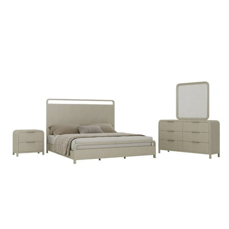 Roundhill Furniture Tavari 4-PC Bedroom Set, King Panel Bed, Dresser, Mirror, Nightstand, Light Gray