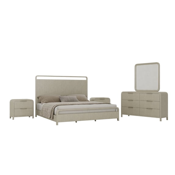Roundhill Furniture Tavari 5-PC Bedroom Set, King Bed, Dresser, Mirror, Two Nightstands, Light Gray