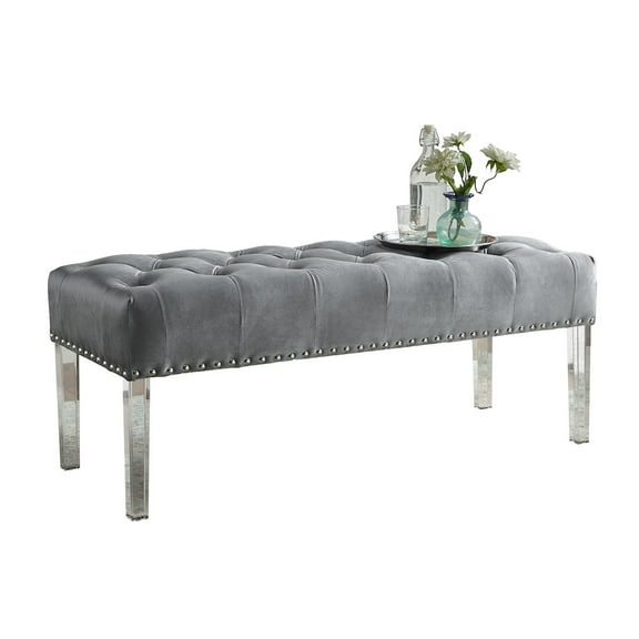 Roundhill Furniture Valley Button-Tufted Velvet Bench with Acrylic Leg in Gray