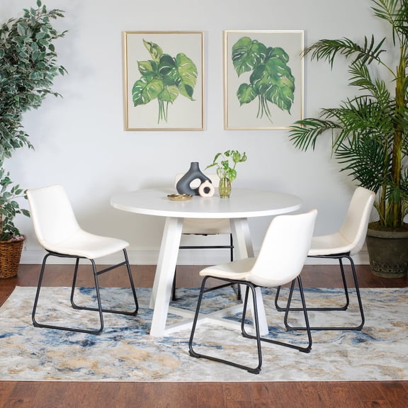 Roundhill Furniture Varna 5-Pc Round Dining Set, Trestle Dining Table with 4 Chairs, White