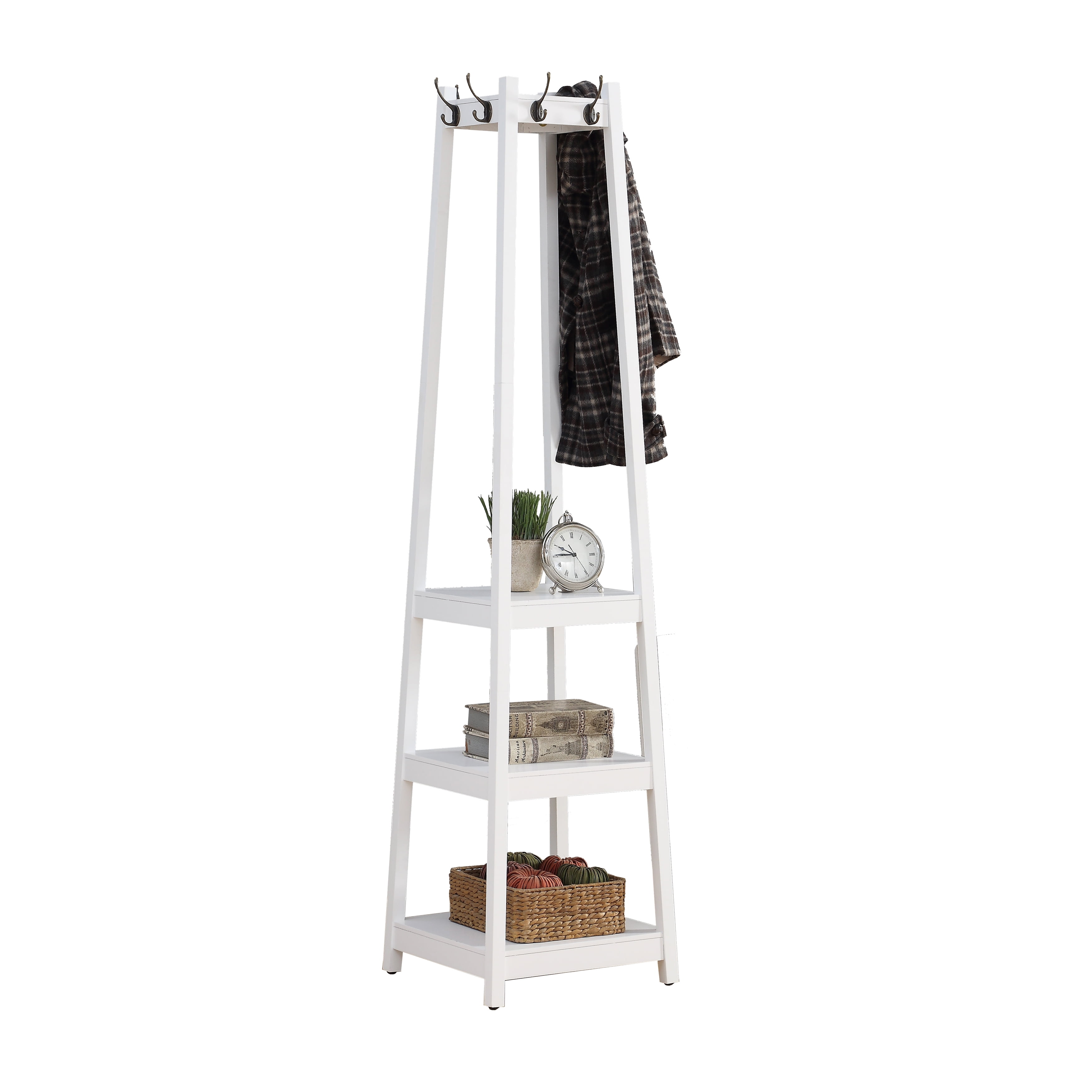White Wood Coat Rack with 3-Tier Storage Shelves