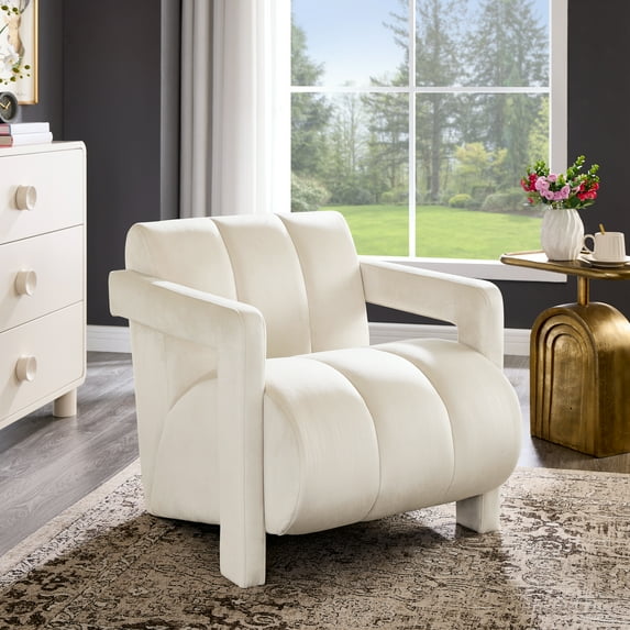 Roundhill Furniture Velmor Contemporary Velvet Accent Armchair for Living Room and Bedroom, Ivory