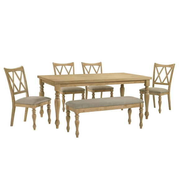 Roundhill Furniture Verta 6-PC Dining Table with 4 Cross Back Chairs and Bench, Light Oak Finish