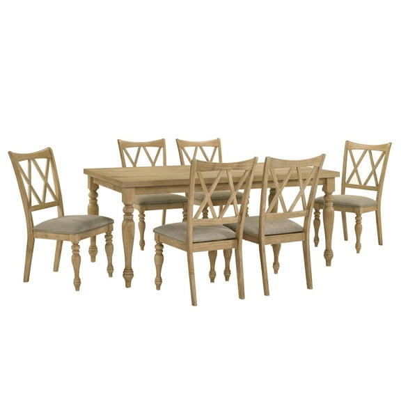 Roundhill Furniture Verta 7-Piece Dining Table with 6 Cross Back Dining Chairs, Light Oak Finish
