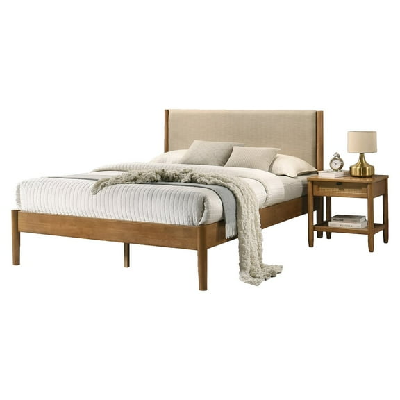 Roundhill Furniture Vichy 2-Pc Rubberwood Bedroom Set, Platform Bed with Nightstand, Queen