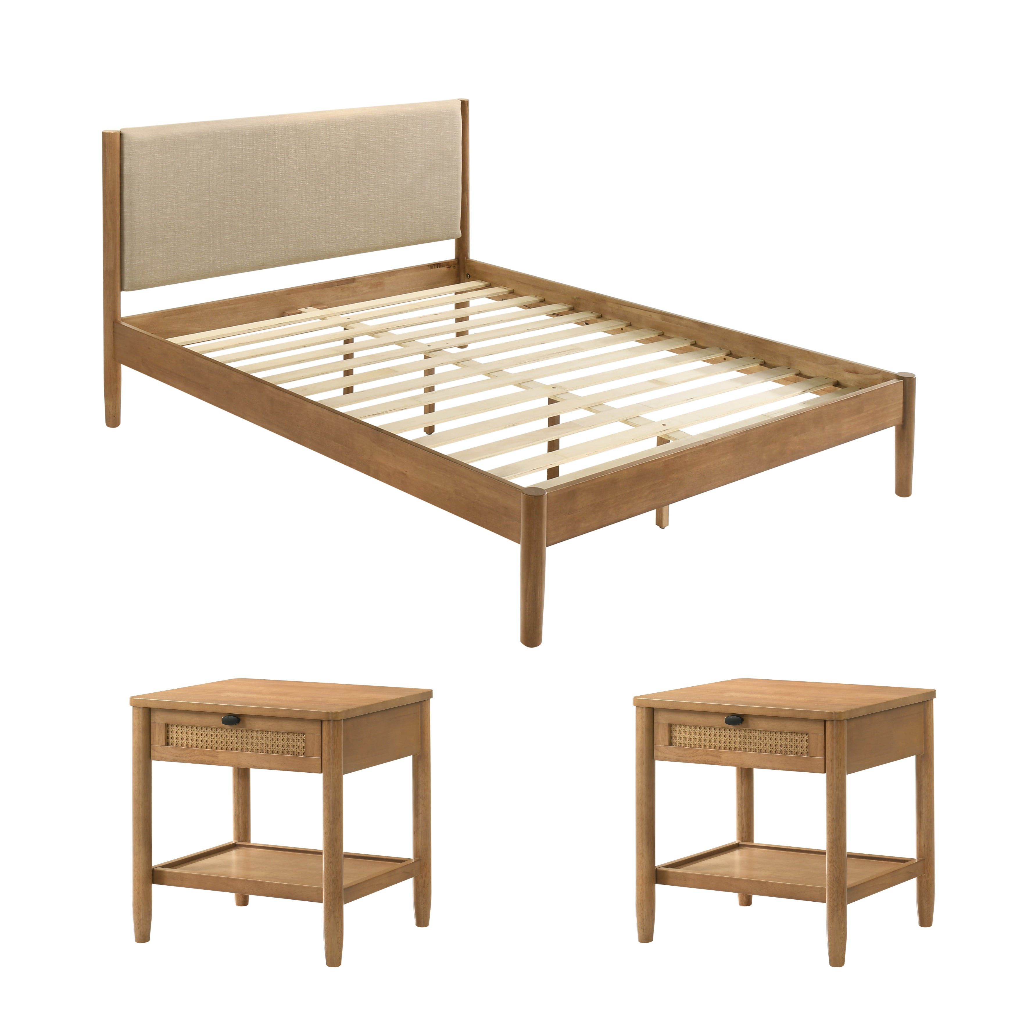 Roundhill Furniture Vichy 3-Pc Rubberwood Bedroom Set, Platform Bed with Two Nightstands, Queen