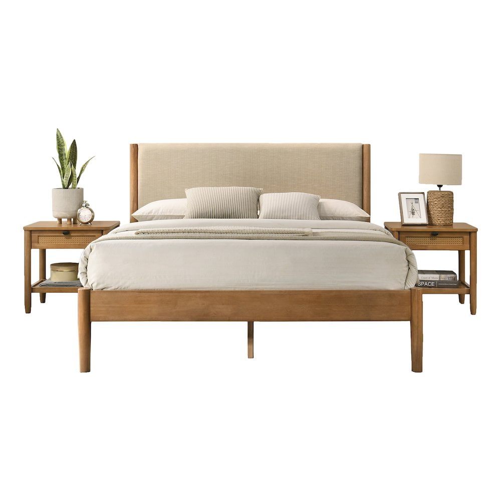 Light Walnut Rubberwood Queen Platform Bed with Beige Upholstered Headboard and Two Nightstands