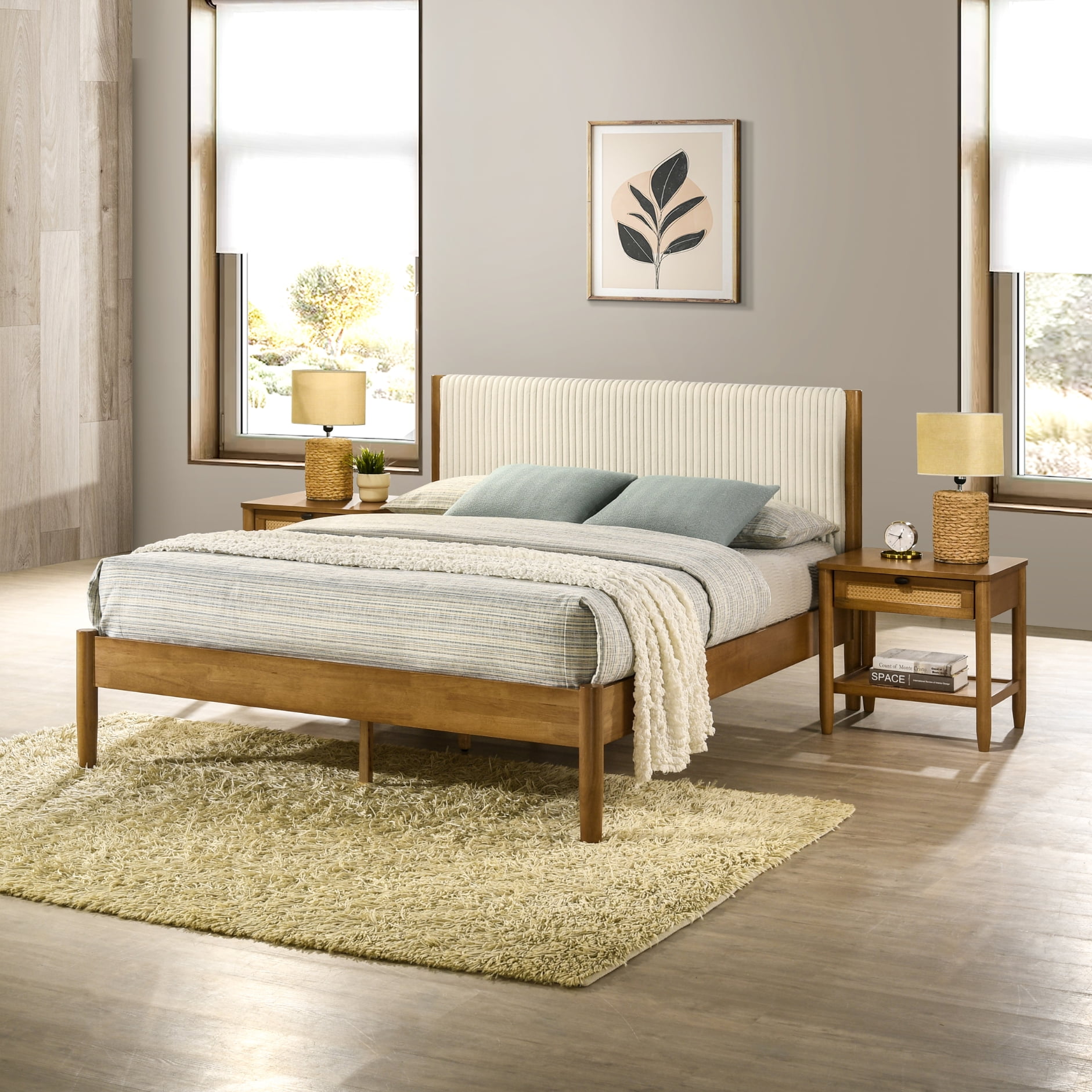 Queen Cream Corduroy Upholstered Rubberwood Bed with Nightstands