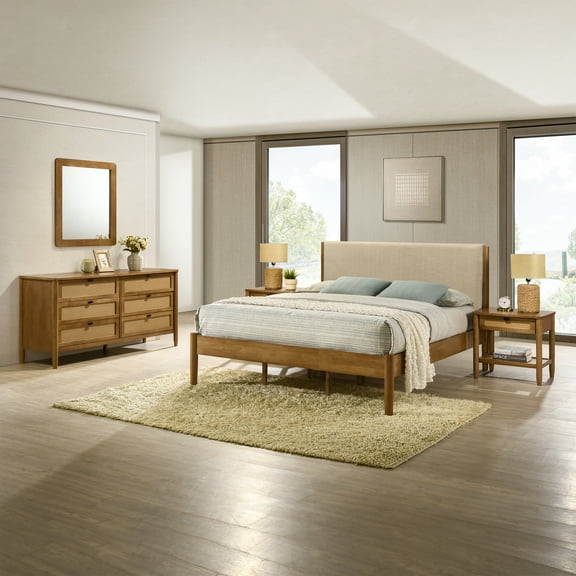 Roundhill Furniture Vichy 5-Piece Rubberwood Bedroom Set with Textured Polyester Upholstered King Bed, Dresser, Mirror, and 2 Nightstands