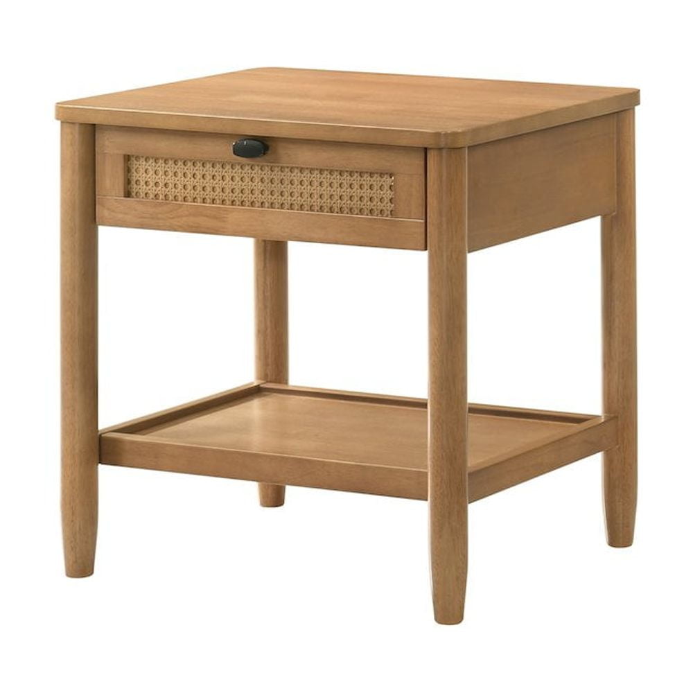 Light Walnut Rubberwood and MDF Nightstand with Woven Drawer
