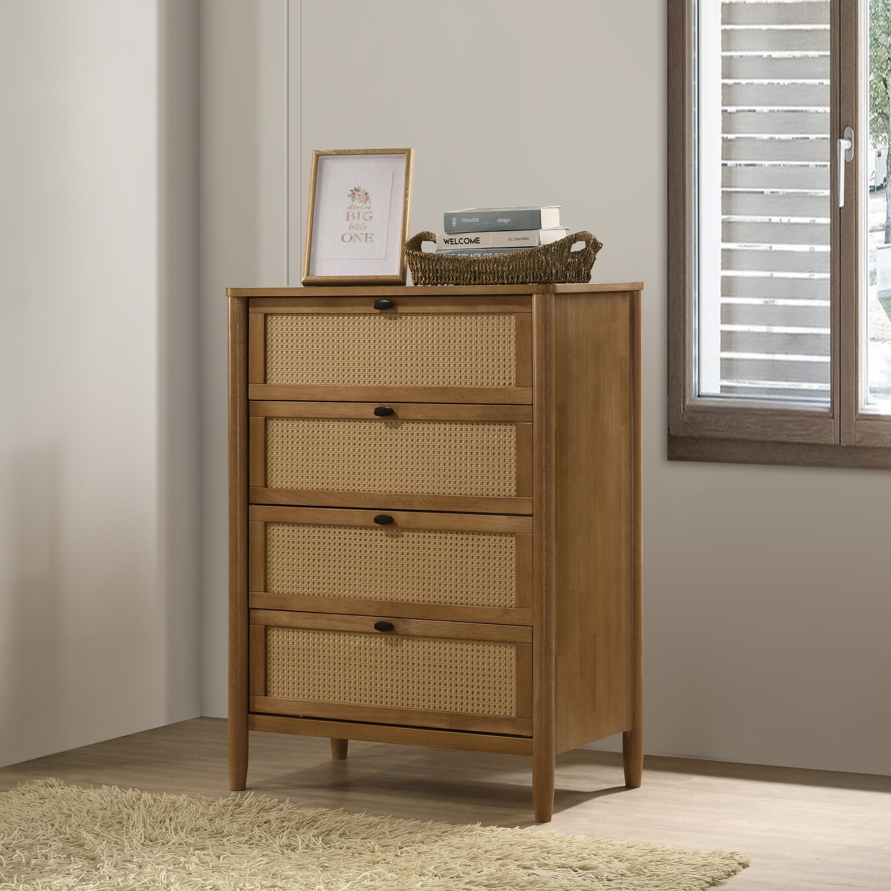 Light Walnut and Rattan Medium Wood 5-Drawer Chest