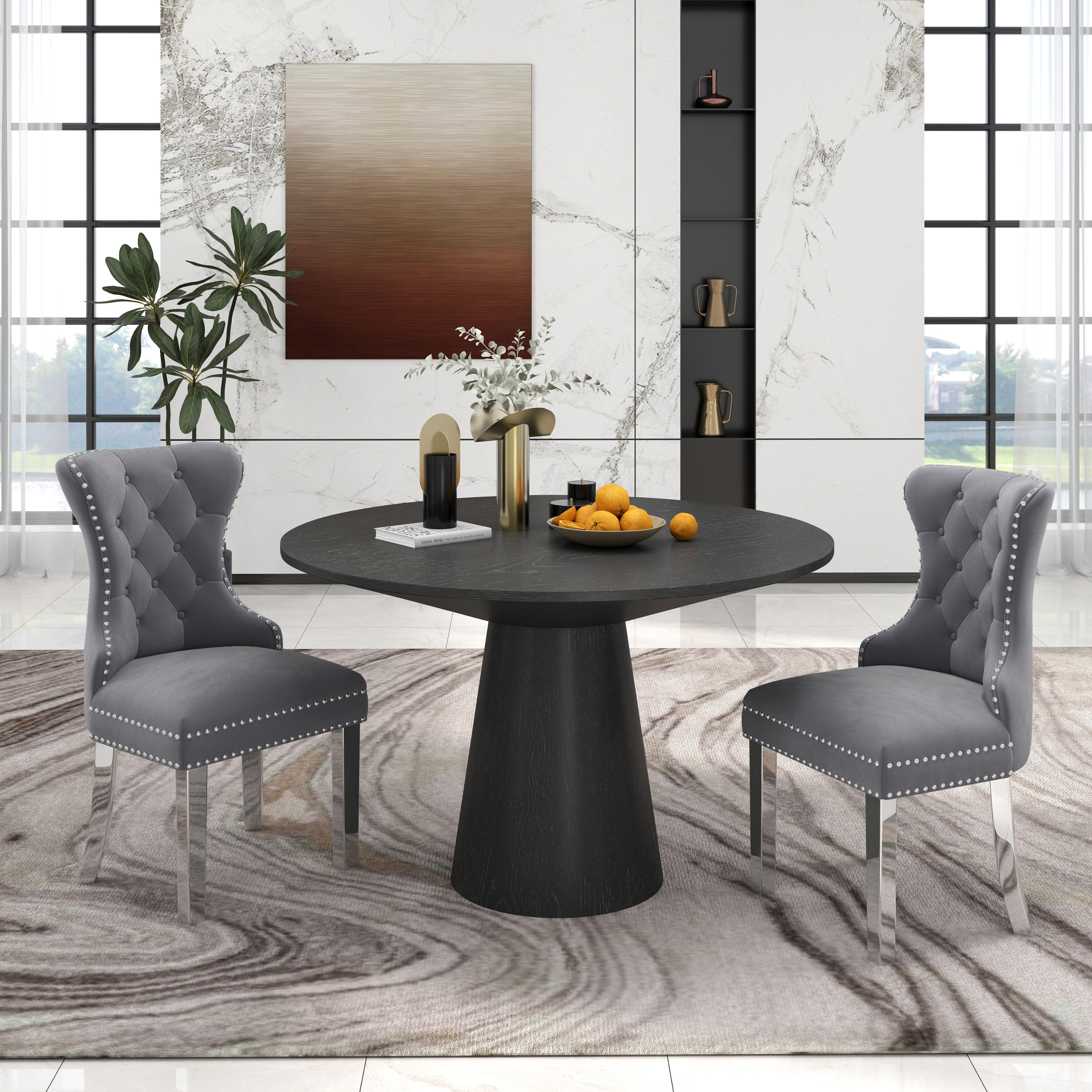 Ebony Black Round Pedestal Dining Table with Gray Velvet Wingback Chairs