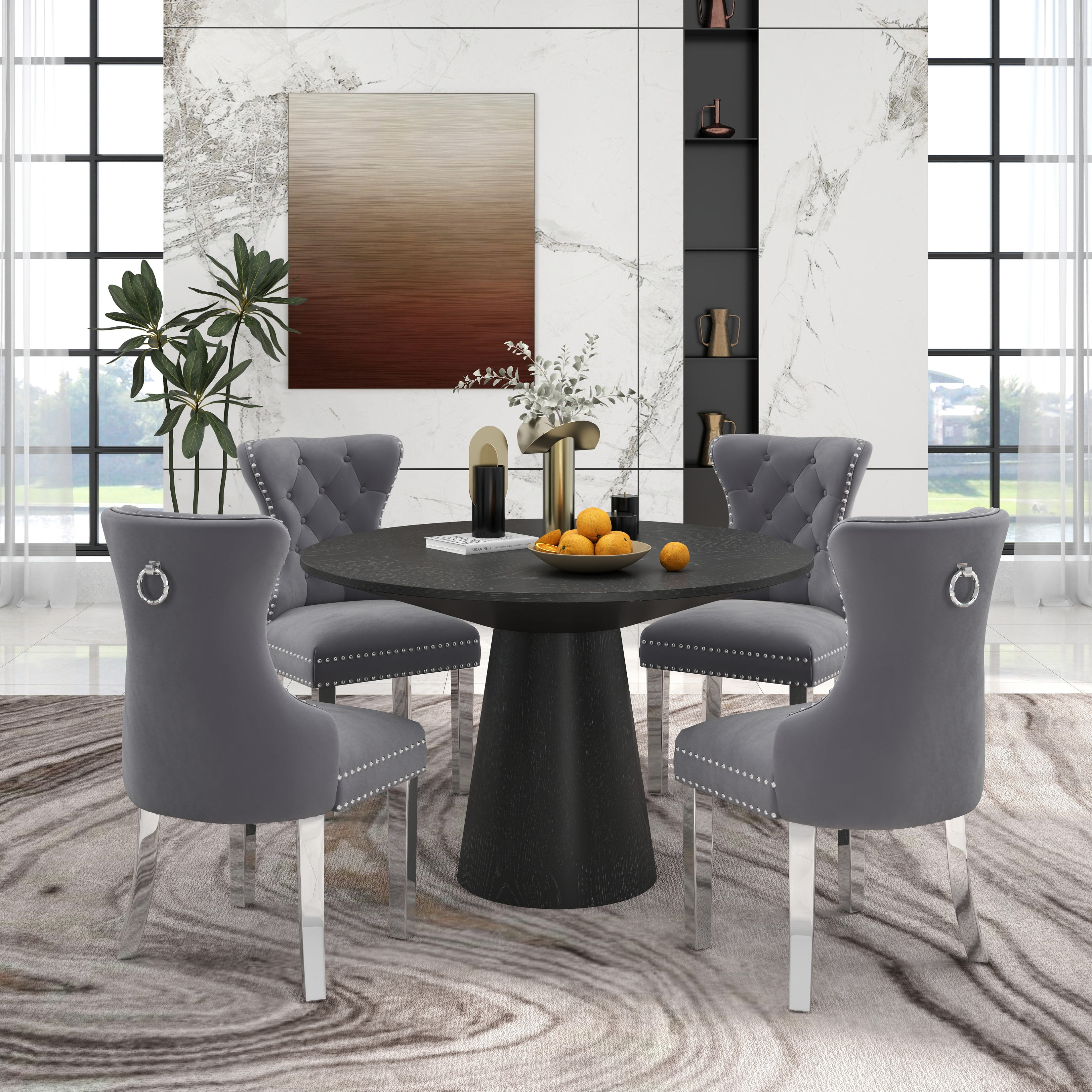 Roundhill Furniture Vogel 5-Piece Round Dining Set, Pedestal Dining Table with 4 Chairs, Gray ...