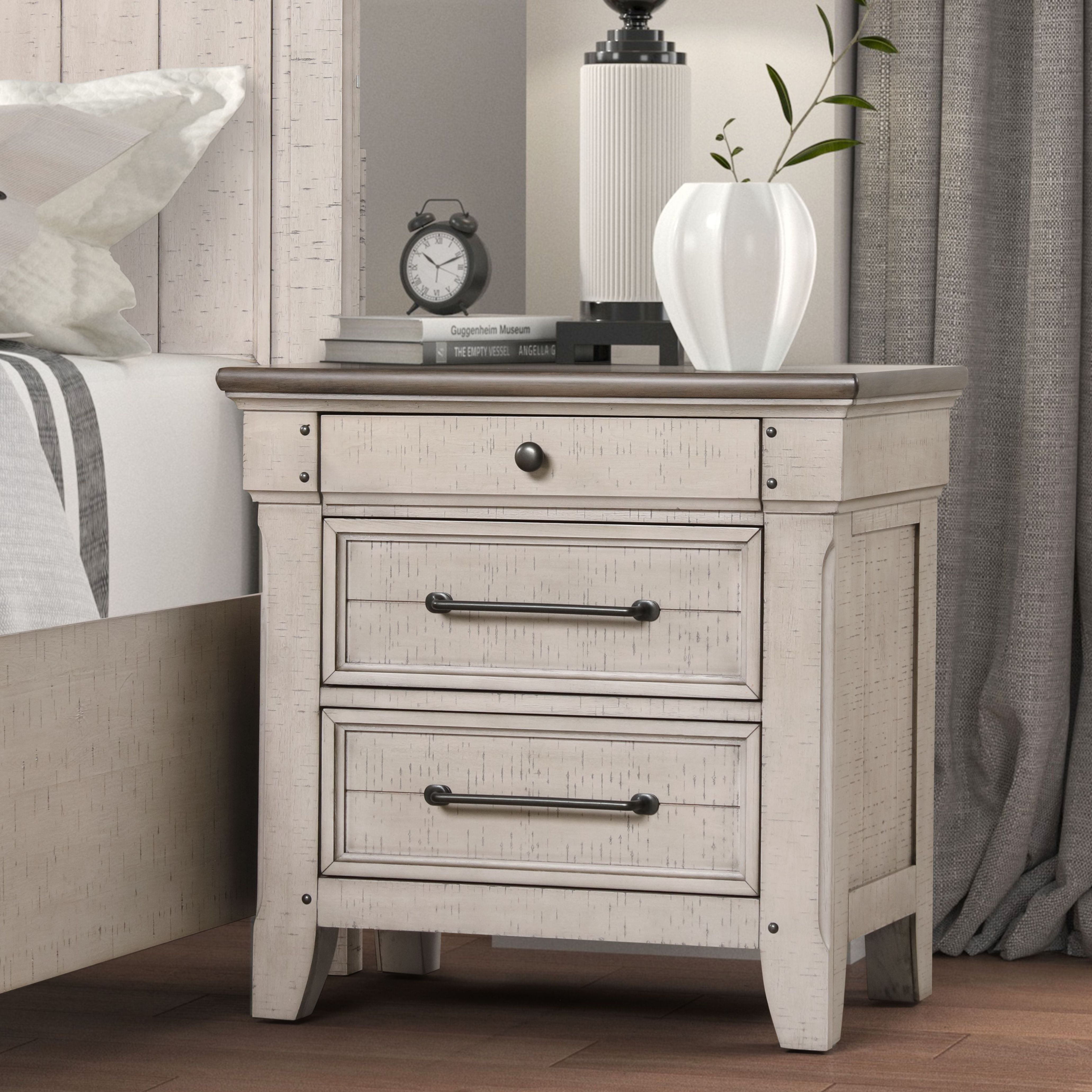 Roundhill Furniture Walcott 3-Drawer Bedroom Nightstand with Charging Station, Weathered Dusty-taupe Finish
