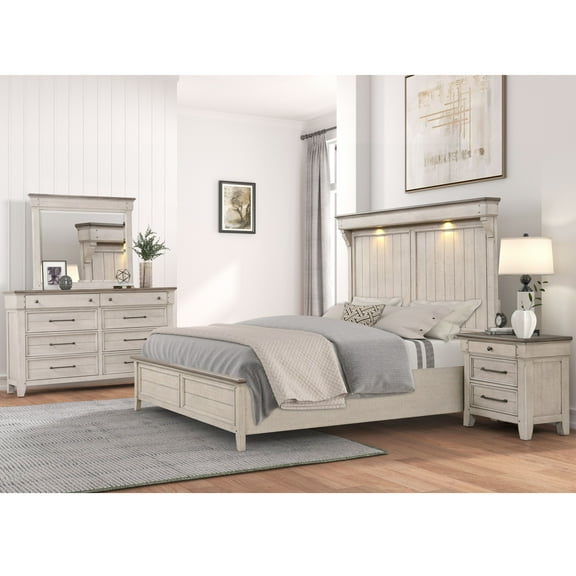 Roundhill Furniture Walcott 4-Piece Bedroom Set with Touch LED Lighting, Weathered Dusty-taupe Finish, King