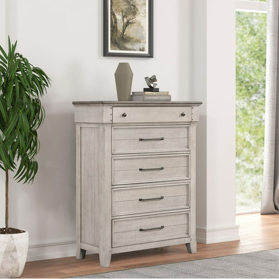 Roundhill Furniture Walcott 5-Drawer Bedroom Chest, Weathered Dusty-taupe Finish