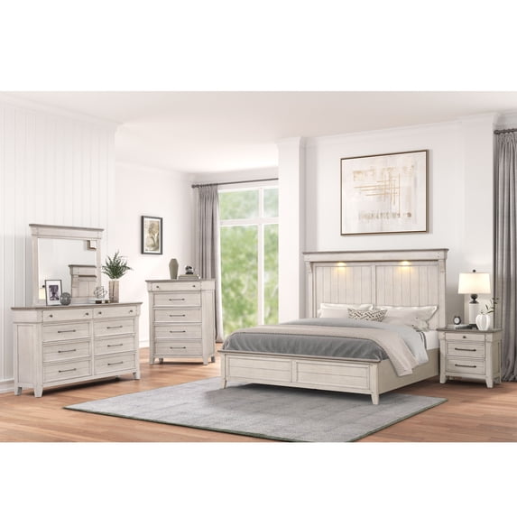 Roundhill Furniture Walcott 5-Piece Bedroom Set with Touch LED Lighting, Weathered Dusty-taupe Finish, King