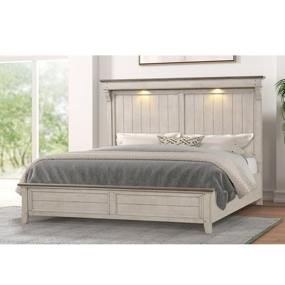 Roundhill Furniture Walcott Touch LED Lighting Panel Bed, Weathered Dusty-taupe Finish, King
