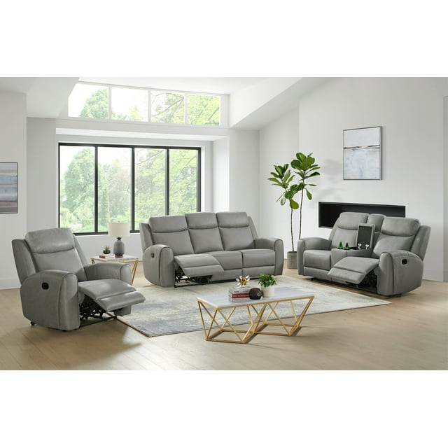 Roundhill Furniture Wesley 3-Piece Transitional Living Room Reclining Set, Sofa Loveseat and Recliner, Gray