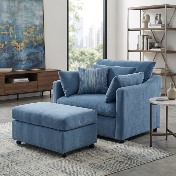 Roundhill Furniture Wilson 2-Piece Living Room Set, Chair and Ottoman, Coast Blue