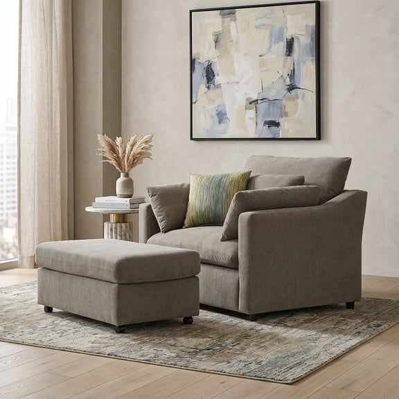 Roundhill Furniture Wilson 2-Piece Living Room Set, Chair and Ottoman, Olive Green