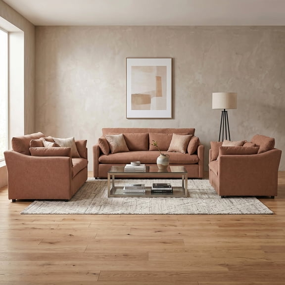 Roundhill Furniture Wilson 3-Piece Living Room Set, Sofa Loveseat and Cuddle Chair, Sunset Rust