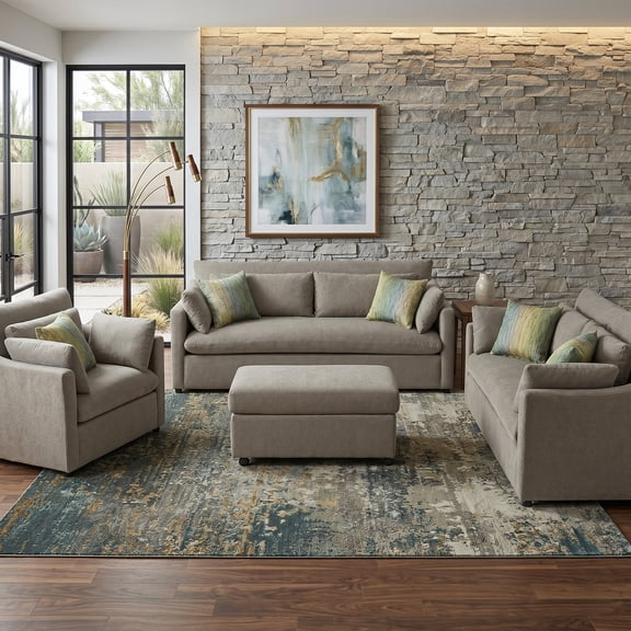 Roundhill Furniture Wilson 4-Piece Living Room Set, Sofa Loveseat Cuddle Chair and Ottoman, Olive Green