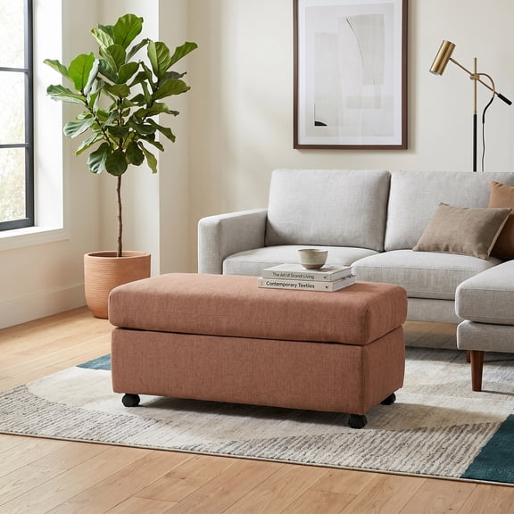 Roundhill Furniture Wilson Contemporary Upholstered Cocktail Ottoman with Casters, Sunset Rust